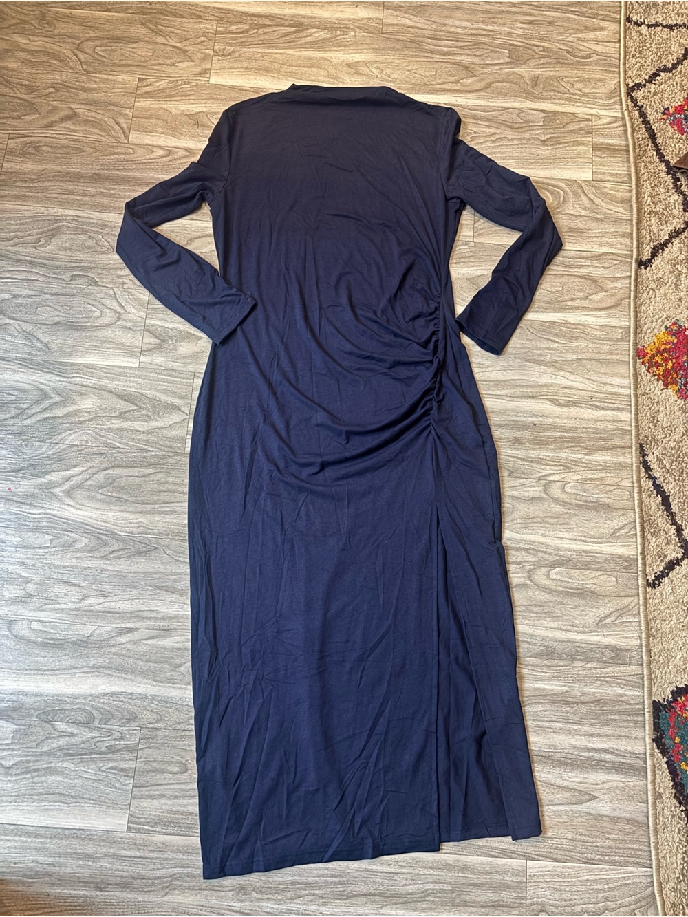 Long Sleeve Navy Ruched Side Maxi Dress
